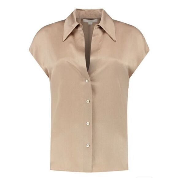 NWT  VINCE XL SILK BLOUSE BUTTON UP CAP SLEEVE COLLAR RUCHED- BACK - Picture 1 of 6